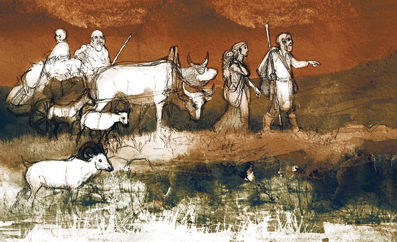 För cirka 4800 år sedan kom ett herdefolk vandrande till Skandinavien. Med dem kom troligtvis bruket av hästar och vagnar.