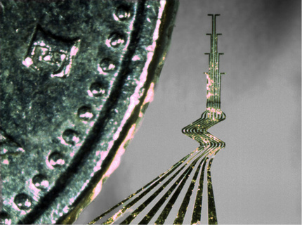 Elektroden är utskuren ur ett tunt ark av bladguld, endast 4 mikrometer tjock/tunn. (Till vänster i bilden ses ett mynt som storleksjämförelse.) Bild: Neuronano Research Center.
