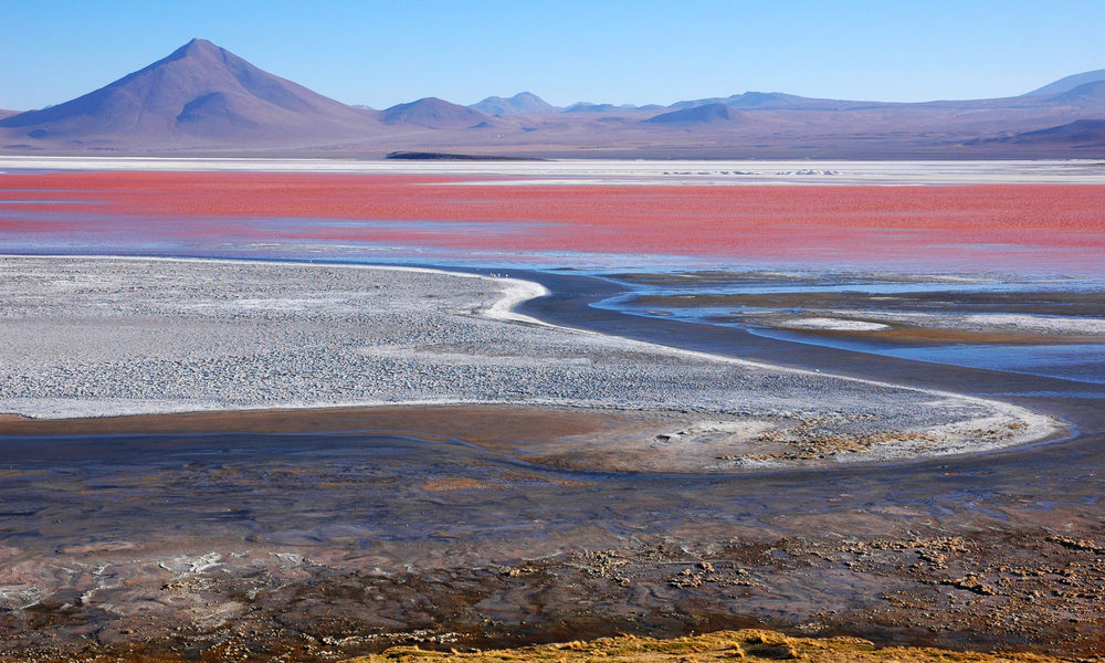 Laguna Colorada ligger på 4 278 meters höjd i Bolivia. Sjöns röda färg kommer av bakterier som innehåller röda pigment.